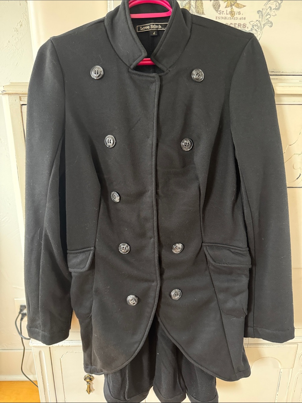 Love Stitch Black Double-Breasted Pea Coat with Stand Collar